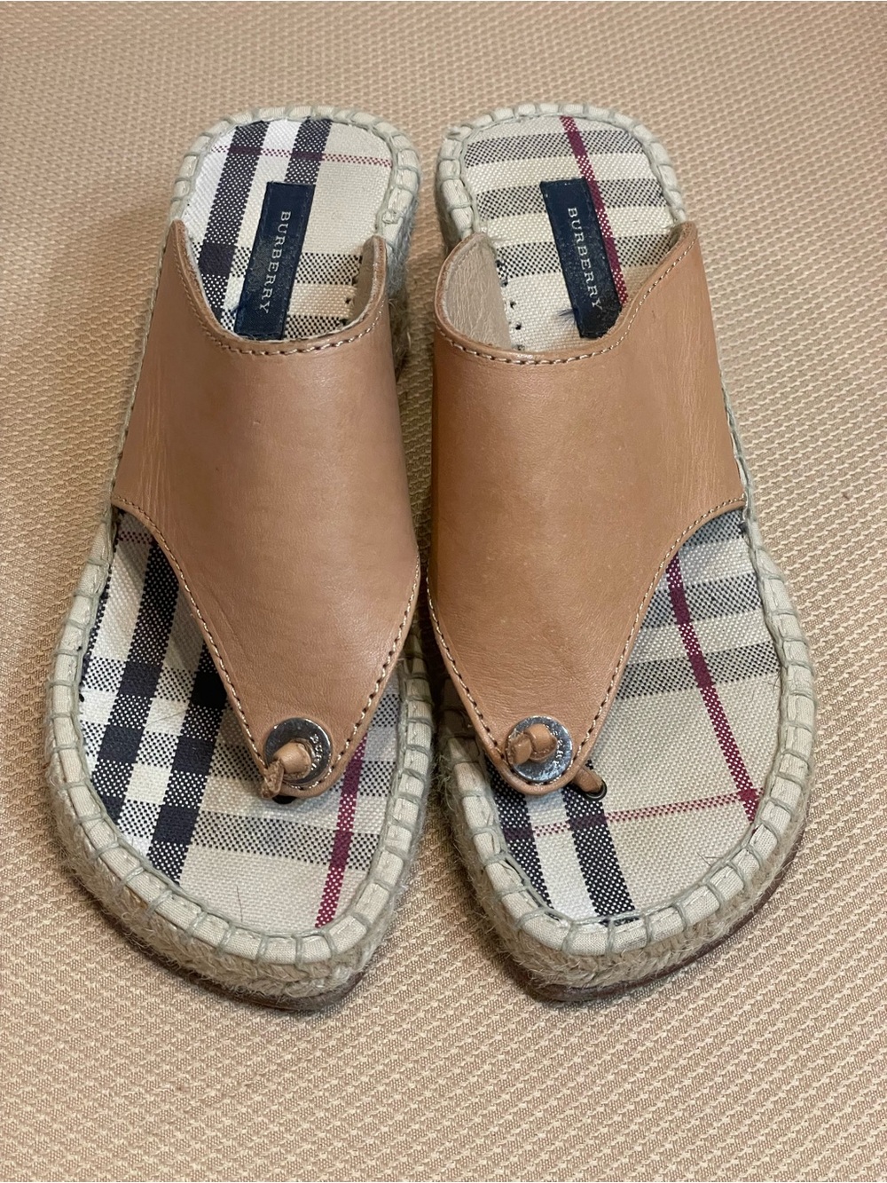 Burberry Leather Espadrille Wedge Sandals Nova Check Nude Beige Size 36